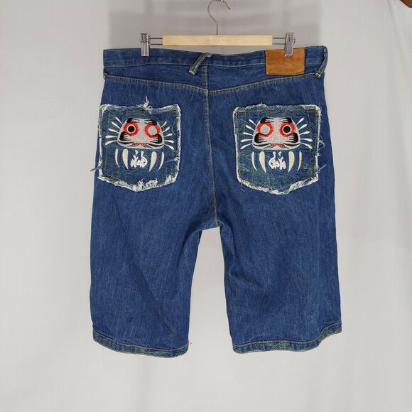 RMC Red Monkey Button Fly Jean Shorts Mens 38 Blue Denim Embroidered Pocket Y2K - Picture 1 of 8